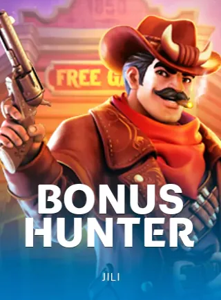 ปกเกมสล็อต Bonus Hunter ค่าย Jili คาวบอยหนวดกับป้ายฟรีสปิน ในหน้าแรก