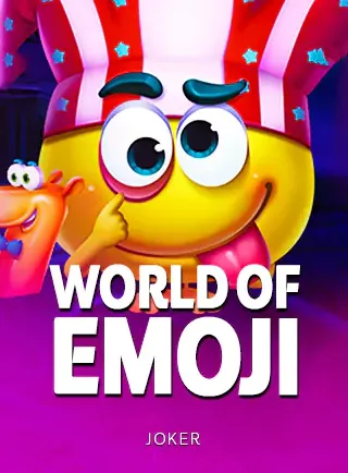 ปกเกมสล็อต World of Emoji ค่าย Joker หน้าอีโมจิยิ้มสีเหลืองใต้ธงอเมริกัน ในหน้าแรก