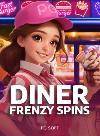 ปกเกมสล็อต Diner Frenzy Spins ค่าย PG Soft สาวเสิร์ฟร้านอาหารหมวกสีชมพู ในหน้าแรก