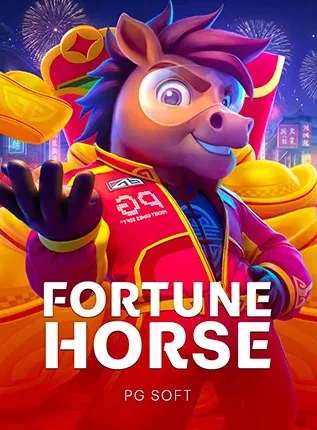 ปกเกมสล็อต Fortune Horse ค่าย PG Soft ม้าการ์ตูนใส่แจ็กเก็ตสีสด ในกรอบเดโม่หน้าแรก