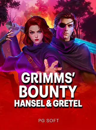 ปกเกมสล็อต Grimms Bounty Hansel and Gretel ค่าย PG Soft พี่น้องฮันเซลกับเกรเทลในโทนแดงดำ ในหน้าแรก