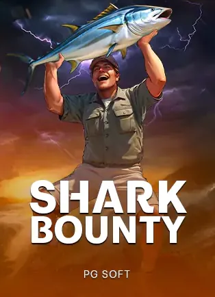 ปกเกมสล็อต Shark Bounty ค่าย PG Soft ชายถือปลาทูน่าตัวใหญ่เหนือหัว ในกรอบเดโม่หน้าแรก