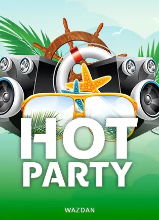 ปกเกมสล็อต Hot Party ค่าย Wazdan ลำโพงและเรือบนฉากชายหาด ในหน้าแรก