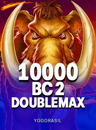 ปกเกมสล็อต 10000 BC 2 DoubleMax ค่าย Yggdrasil แมมมอธงาใหญ่บนพื้นม่วง ในหน้านี้